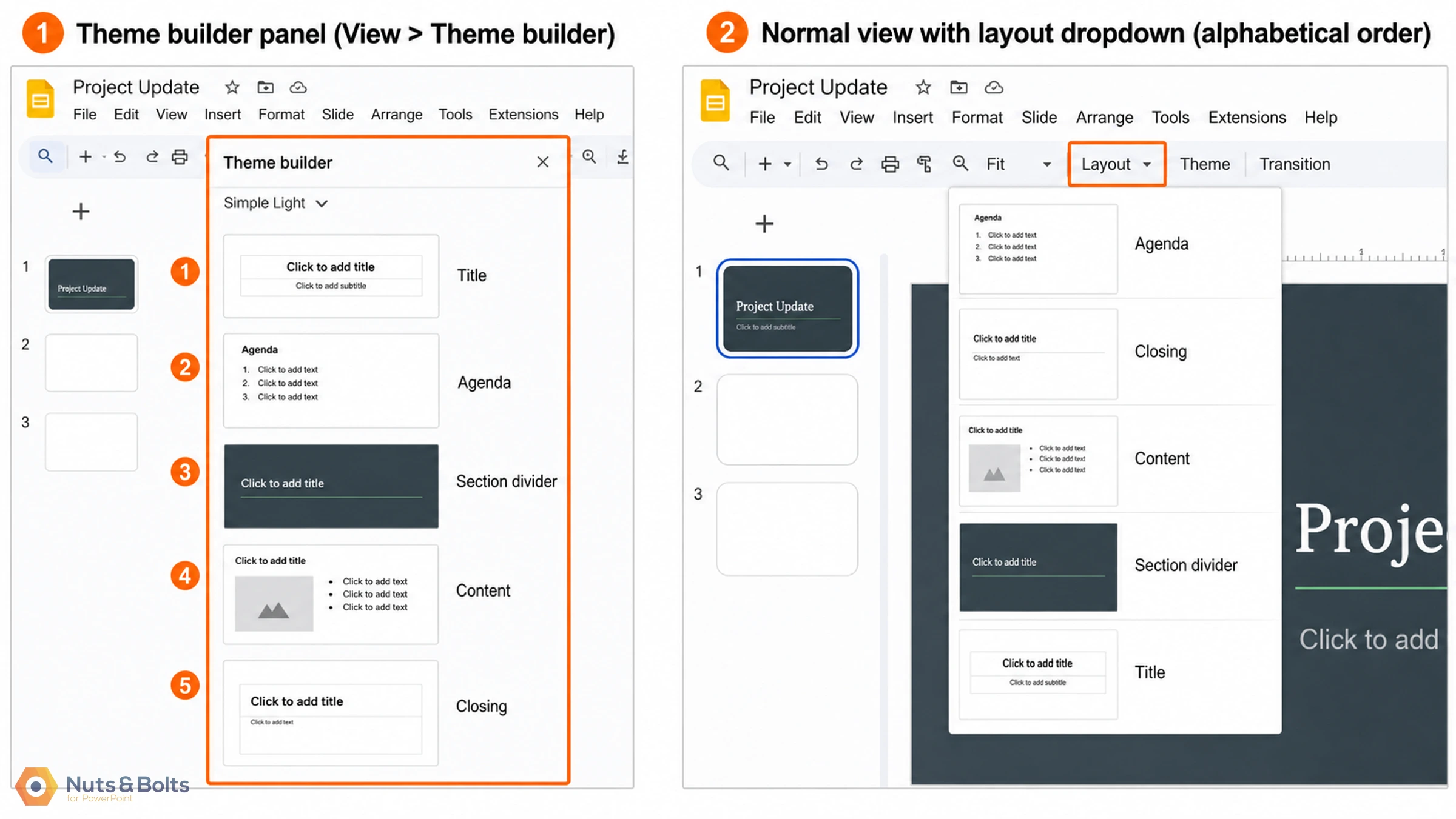 Google Slides interface showing theme builder panel on left with slide layout templates and normal view on right with layout dropdown menu displaying alphabetical slide options.