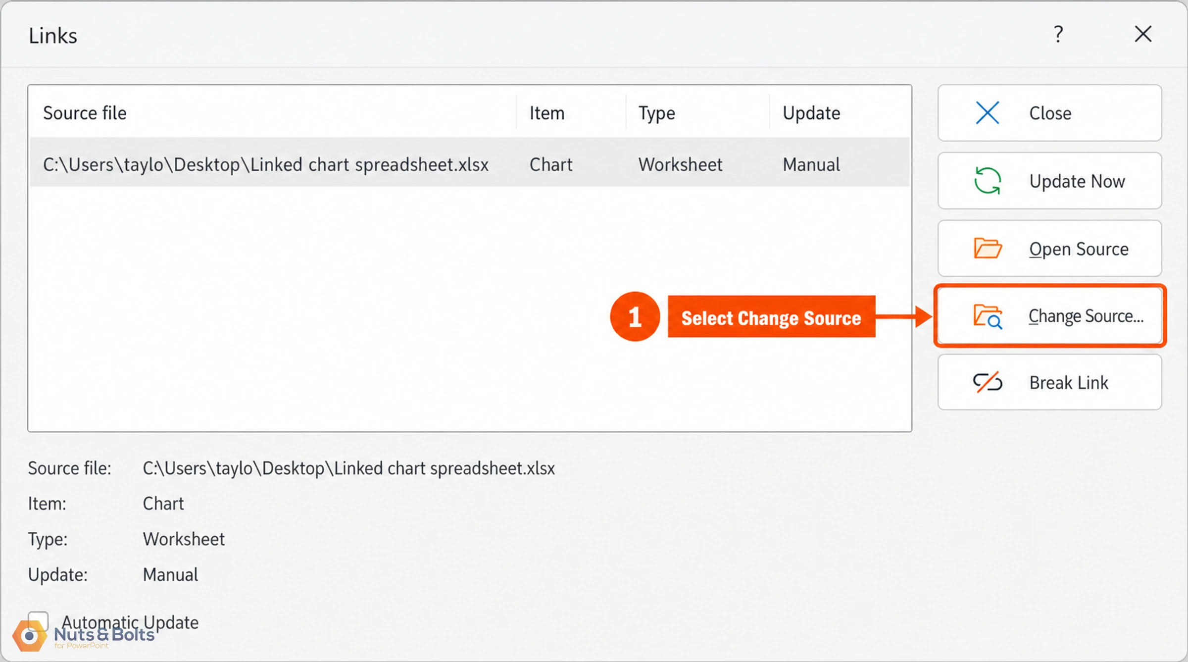 Links dialog box showing a linked chart spreadsheet with source file details and action buttons including Change Source option highlighted in red.