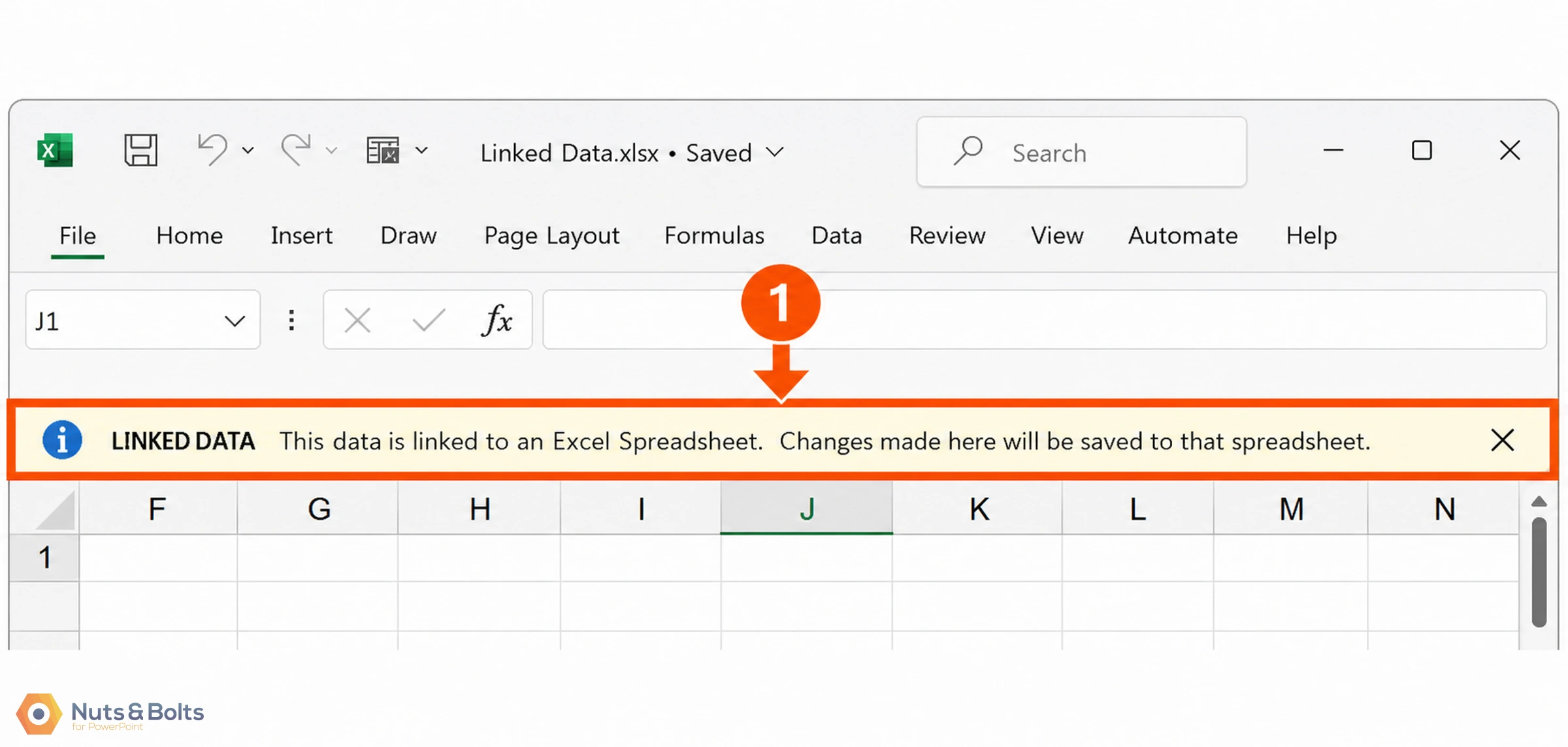 Microsoft Excel spreadsheet showing "Linked Data.xlsx" file with an orange notification banner stating "LINKED DATA - This data is linked to an Excel Spreadsheet. Changes made here will be saved to that spreadsheet.