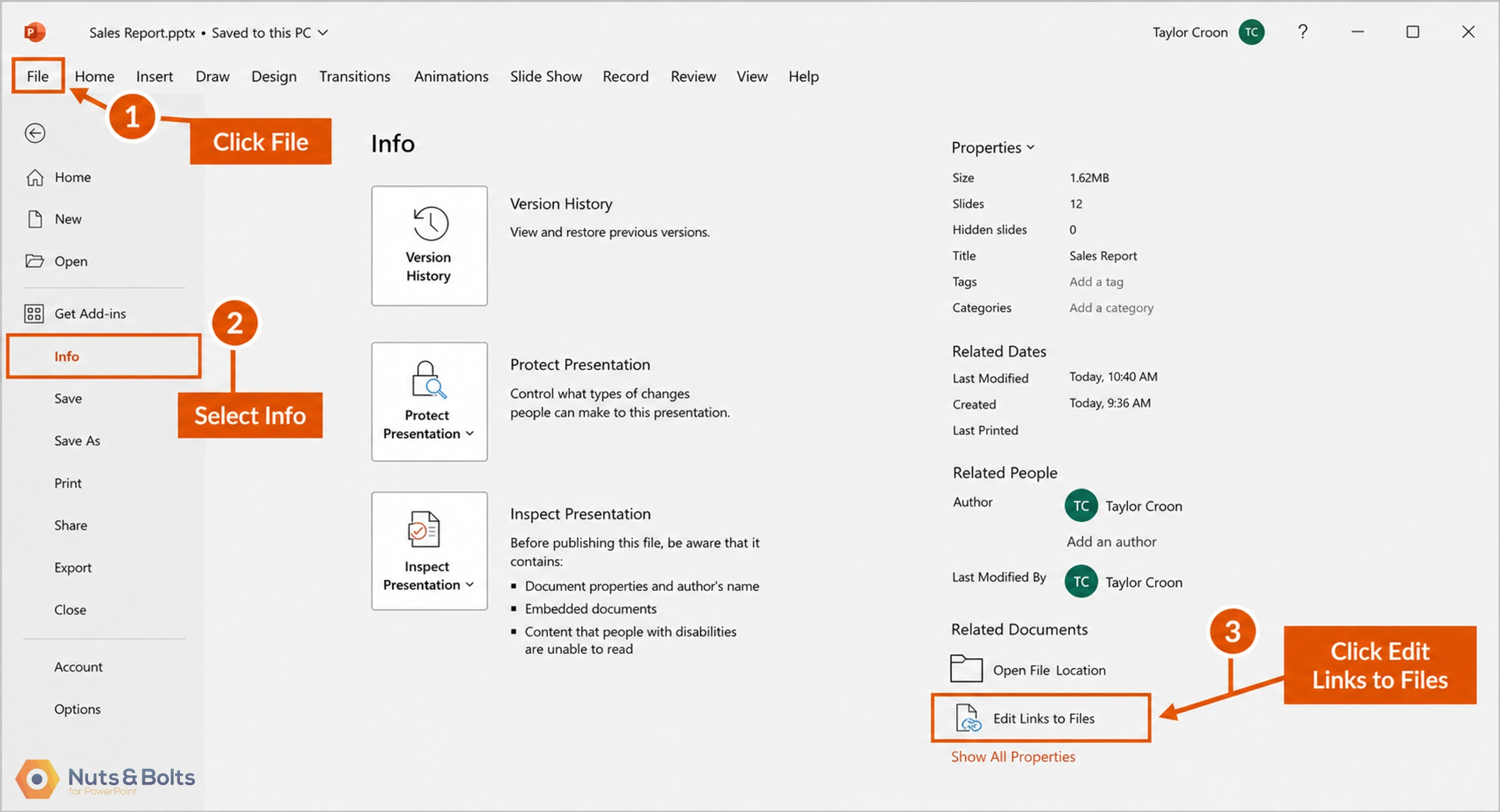 Microsoft PowerPoint File menu showing Sales Report presentation info, with options for Version History, Protect Presentation, and Inspect Presentation visible.