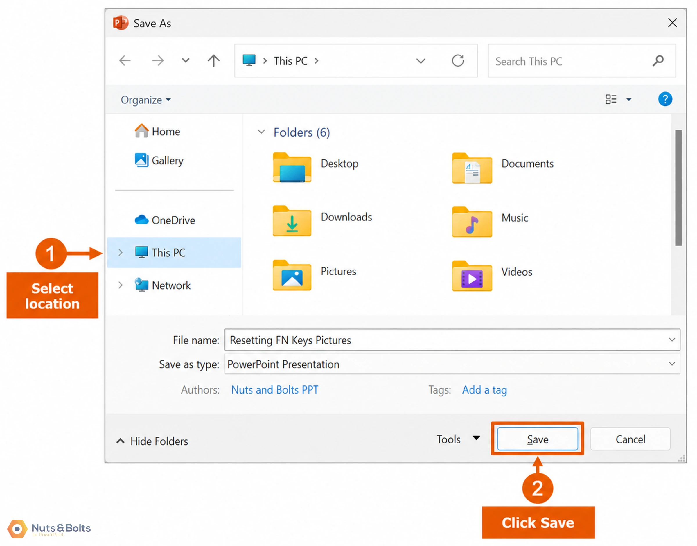 PowerPoint Save As dialog showing file browser with folder selection on left (This PC highlighted), six folders displayed (Desktop, Documents, Downloads, Music, Pictures, Videos), file name "Resetting FN Keys Pictures", save type "PowerPoint Presentation", and Save button highlighted with instruction to click Save.