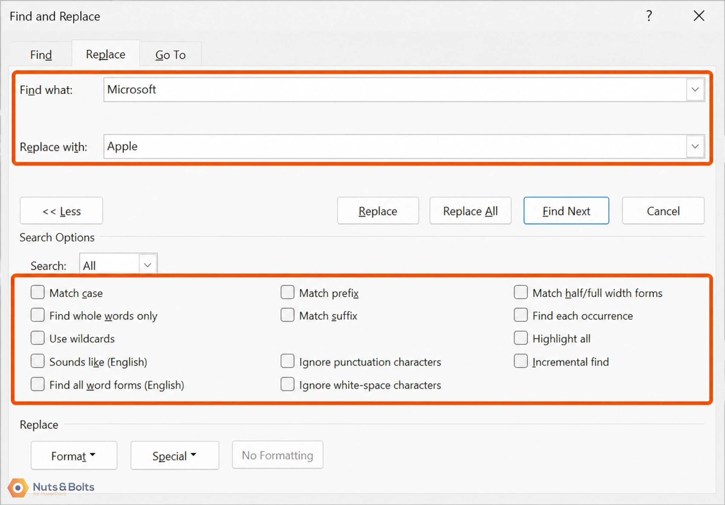 Find and Replace dialog box with "Microsoft" in the Find field and "Apple" in the Replace field, along with search options and action buttons