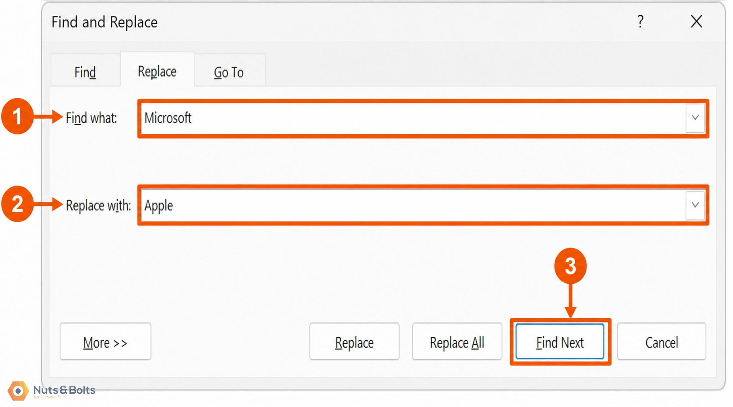 Find and Replace dialog box with "Microsoft" in the Find field and "Apple" in the Replace field, showing Find Next button highlighted.