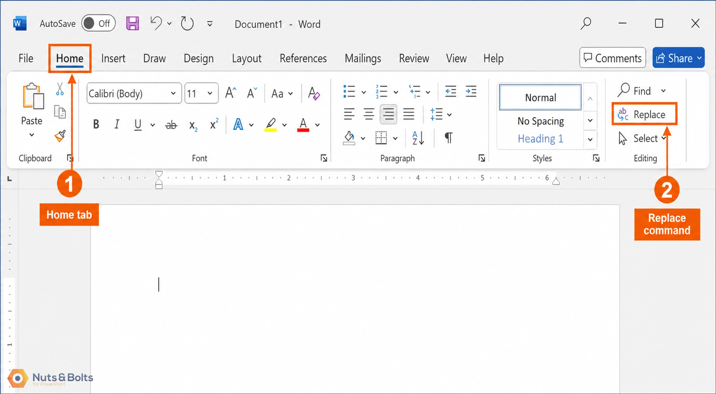 Microsoft Word interface showing Home tab selected with formatting tools, font options, and Replace command highlighted in the Editing section on the right side of the ribbon.