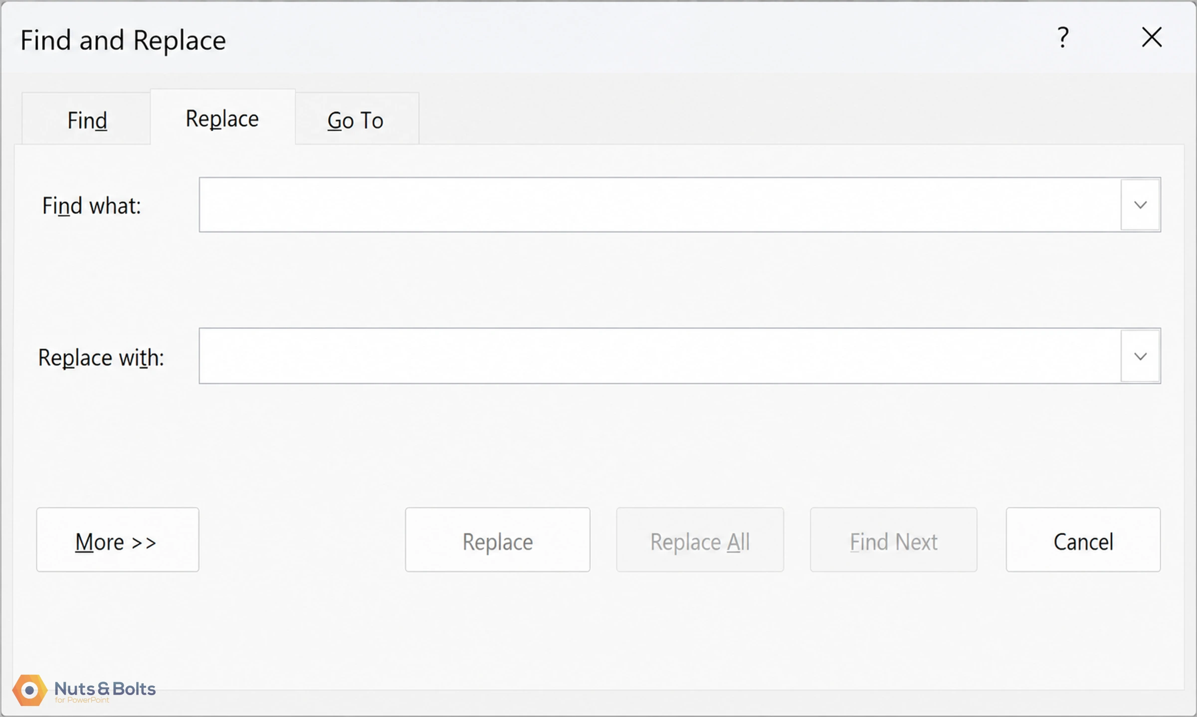 Find and Replace dialog box with Find, Replace, and Go To tabs, showing input fields for search text and replacement text with action buttons
