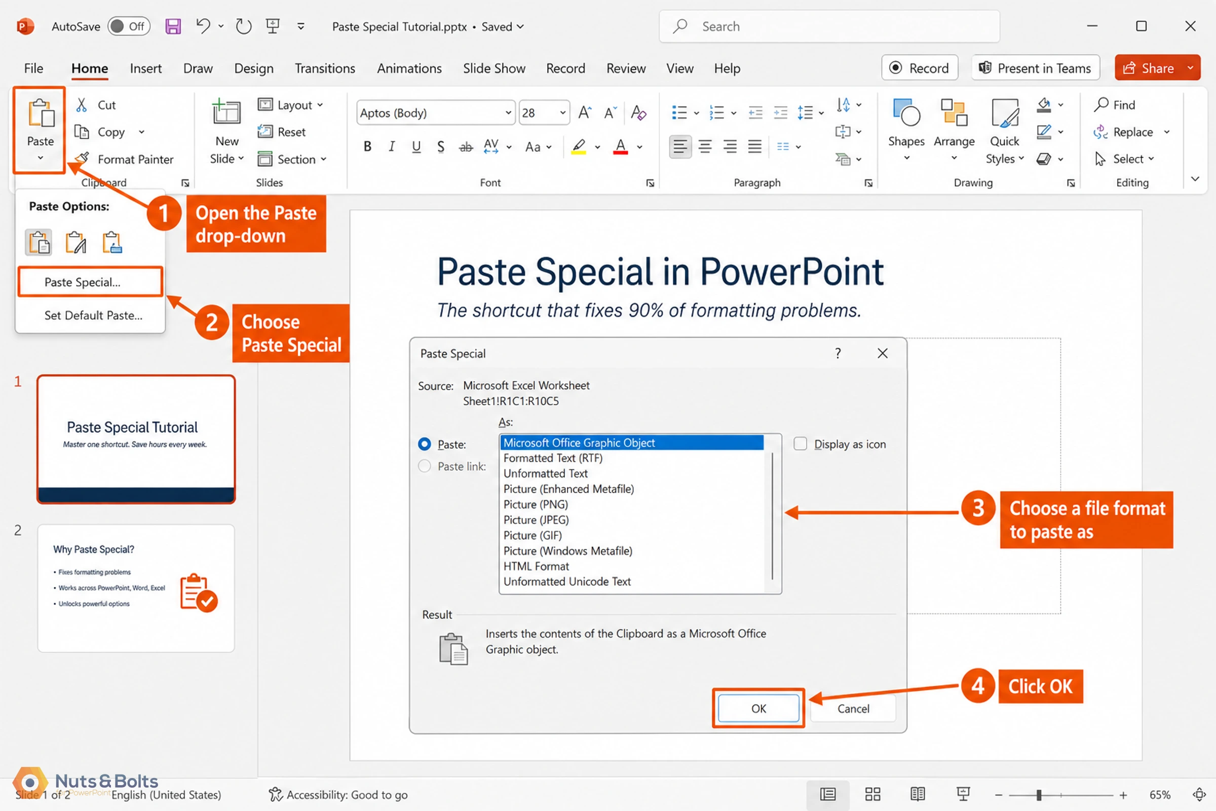 PowerPoint interface showing Paste Special tutorial with numbered steps: opening paste dropdown, choosing Paste Special option, selecting file format, and clicking OK button.