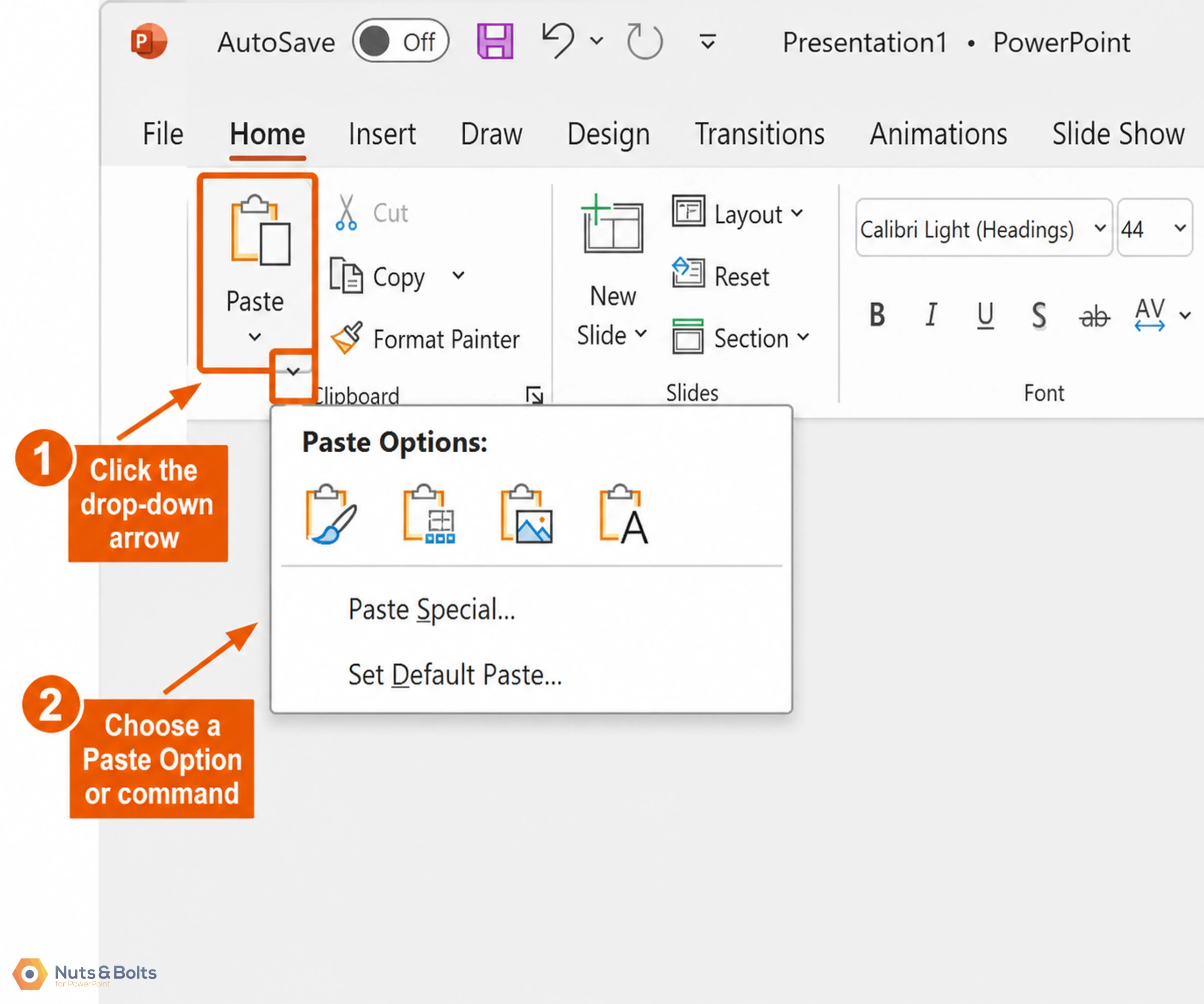 PowerPoint Home tab showing Paste dropdown menu with paste options including Paste Special and Set Default Paste commands, with instructional callouts highlighting the steps.