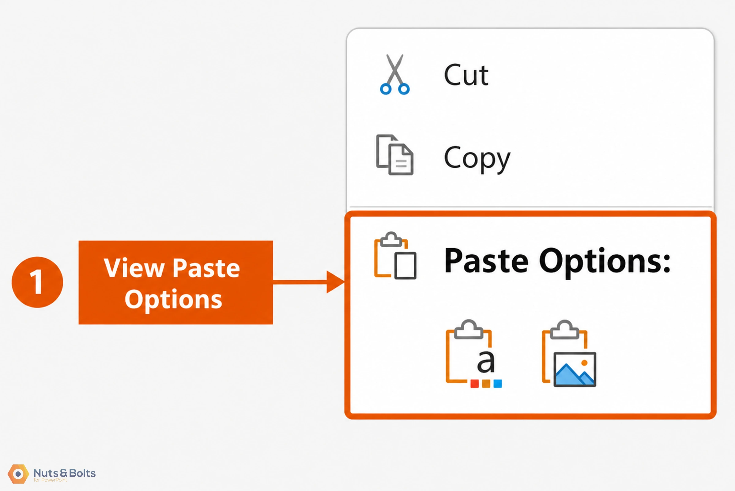 Diagram showing "View Paste Options" button opening a menu with Cut, Copy options and Paste Options displaying text formatting and image paste choices.