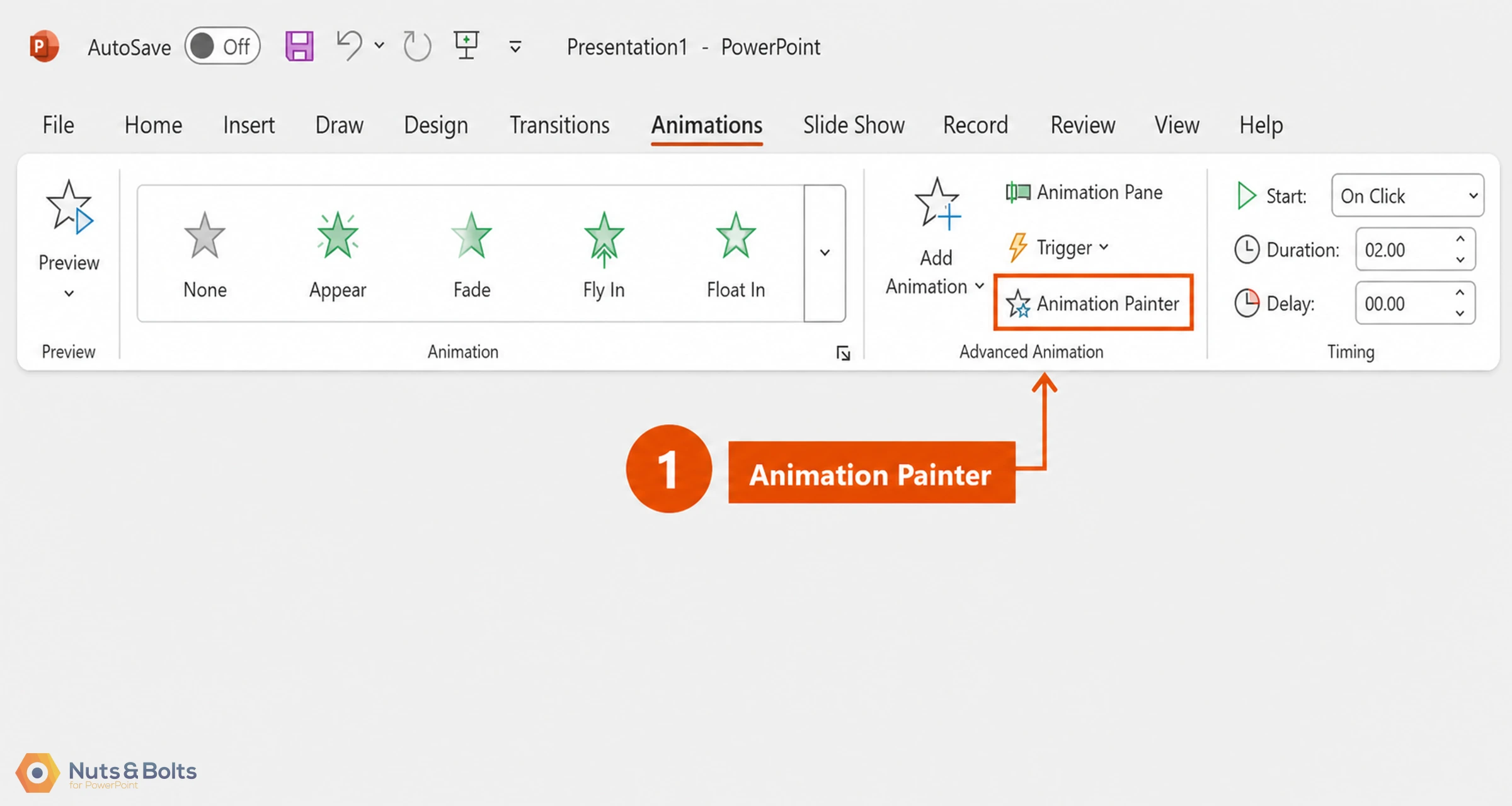PowerPoint Animations tab showing animation options including None, Appear, Fade, Fly In, and Float In effects, with Animation Painter tool highlighted and timing controls visible on the right panel.