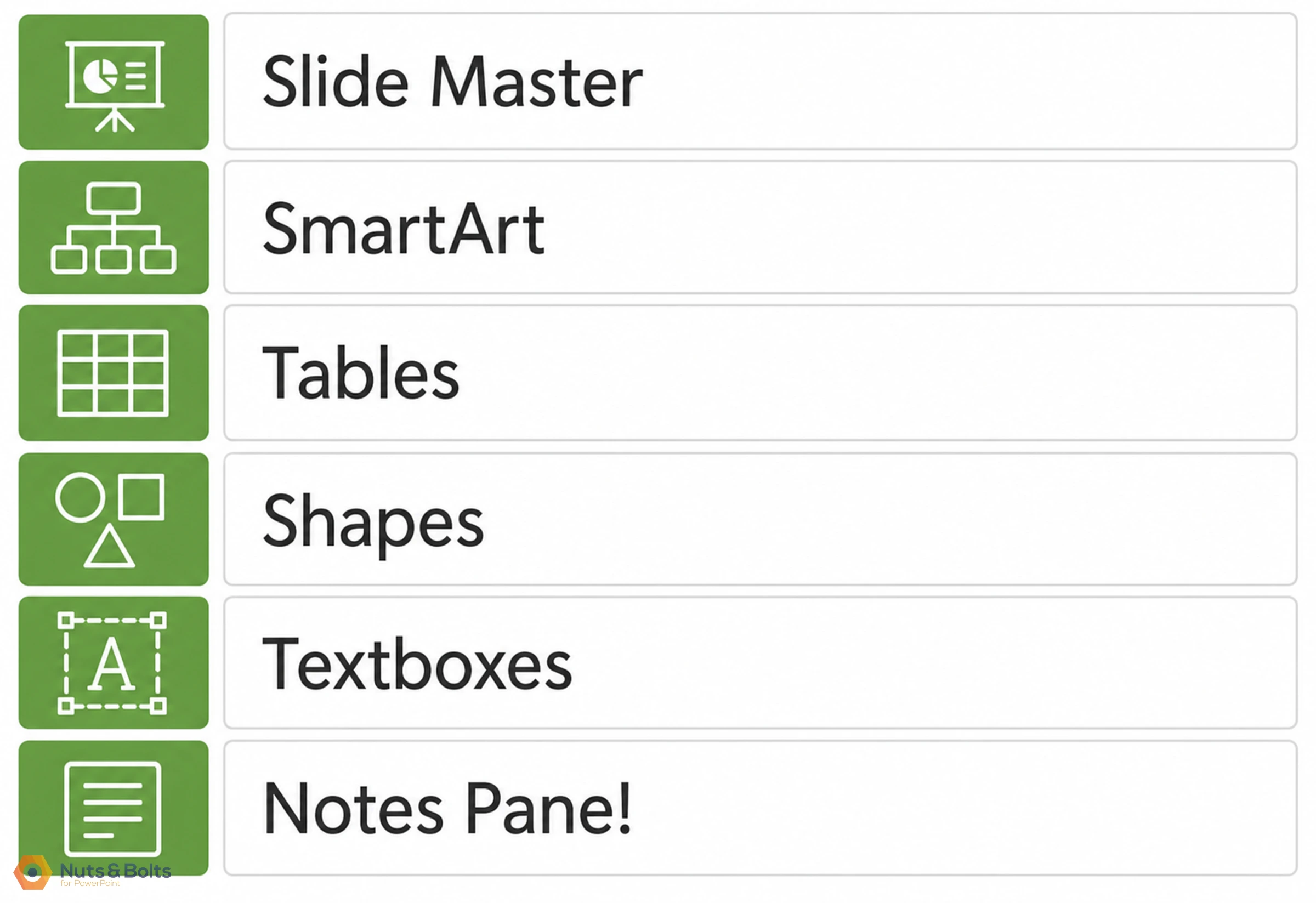 Menu showing presentation software features with six green icon buttons labeled Slide Master, SmartArt, Tables, Shapes, Textboxes, and Notes Panel