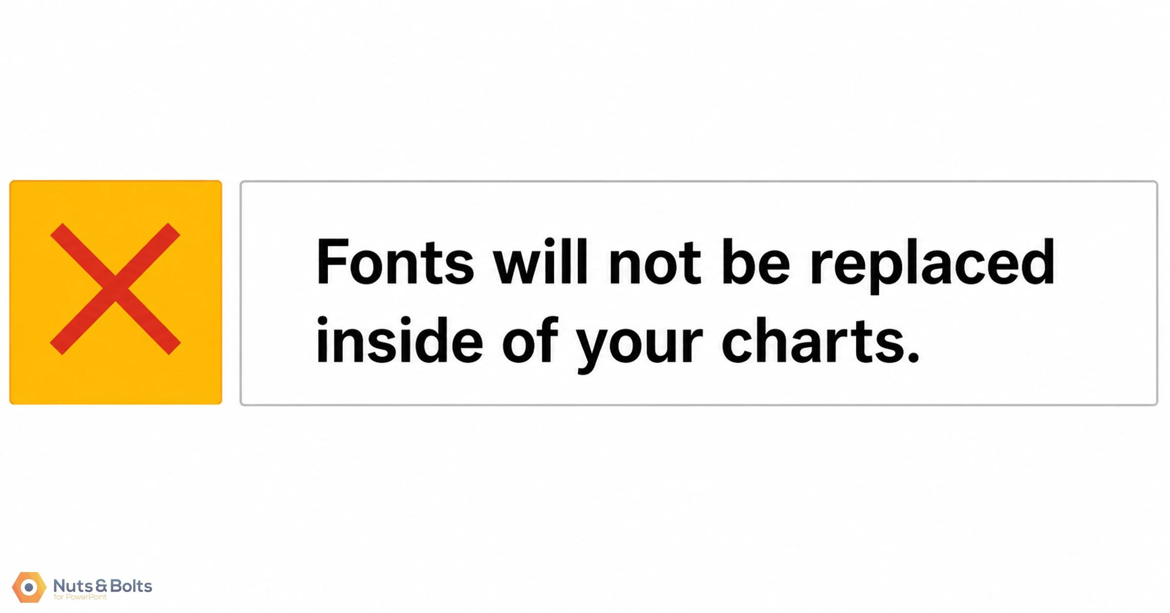 Warning alert box with yellow background and red X icon, accompanied by text stating "Fonts will not be replaced inside of your charts
