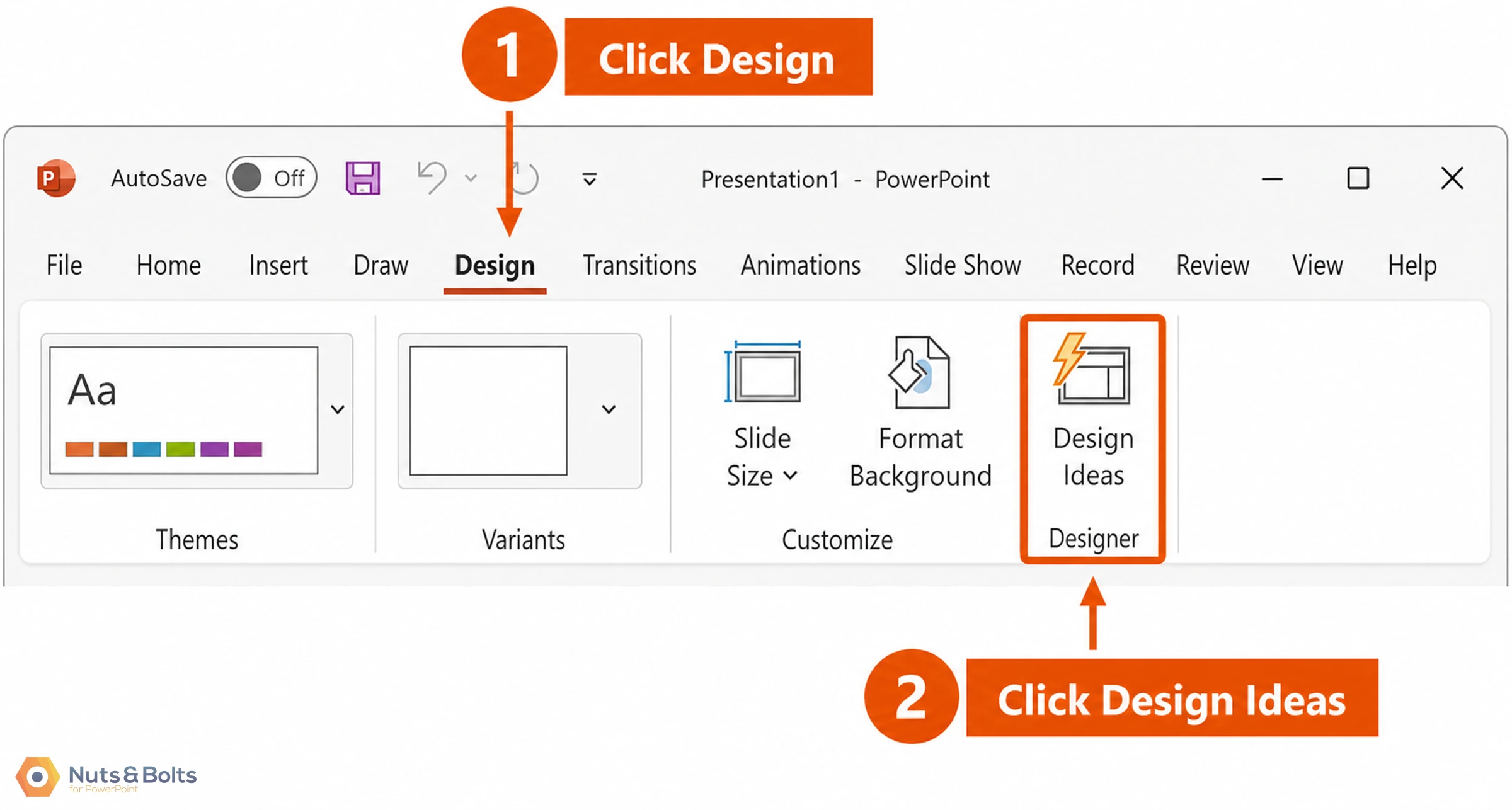 PowerPoint Design tab showing Themes, Variants, Customize options, and Design Ideas button highlighted with numbered instructions for accessing design features.