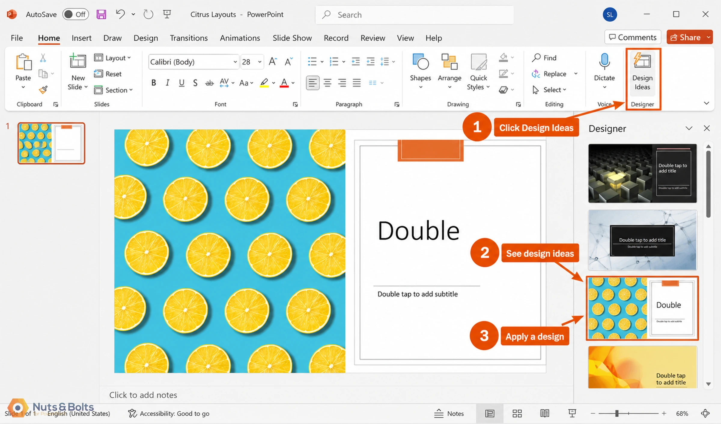 PowerPoint presentation with "Citrus Layouts" theme showing a slide with yellow lemon slices on blue background and Design Ideas panel open on the right side with layout suggestions.