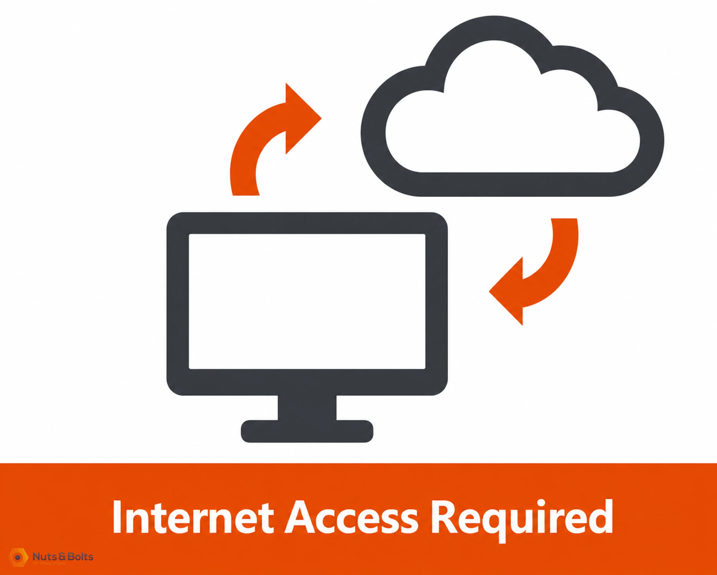 Cloud computing icon showing desktop monitor with bidirectional arrows connecting to cloud symbol, labeled "Internet Access Required