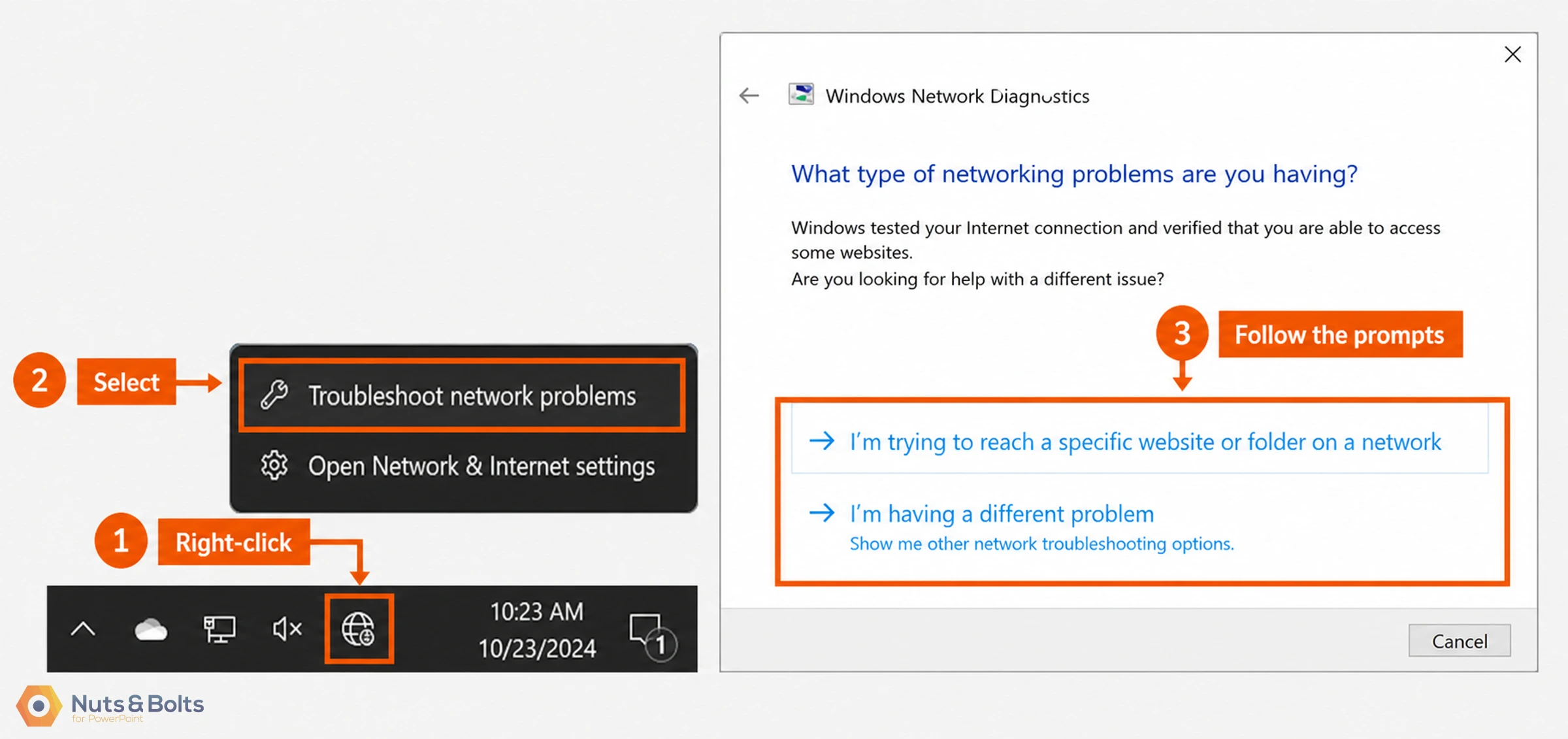 Windows Network Diagnostics troubleshooting interface showing steps to select troubleshoot network problems option and follow prompts to diagnose connectivity issues.