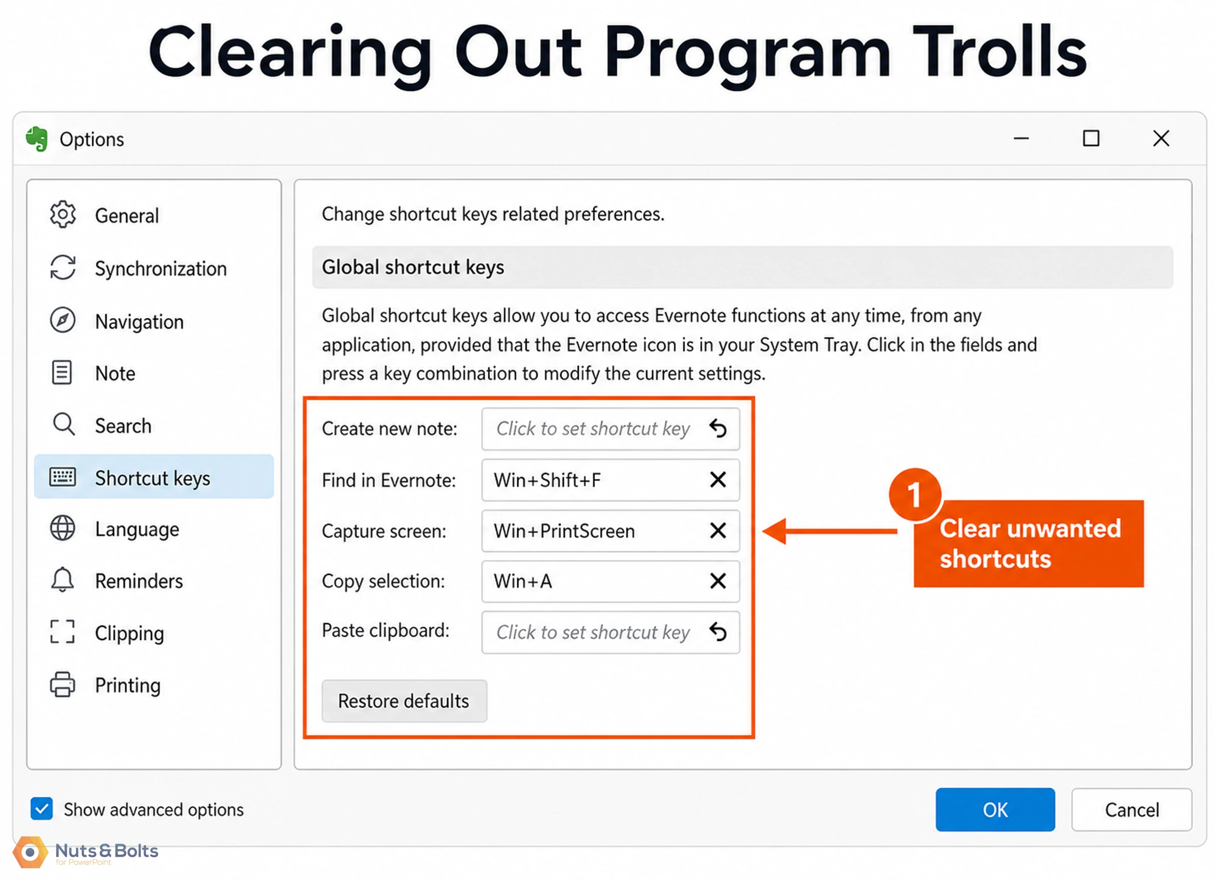 Screenshot of Evernote Options dialog showing Shortcut keys settings with global keyboard shortcuts configuration and an orange callout highlighting the ability to clear unwanted shortcuts.