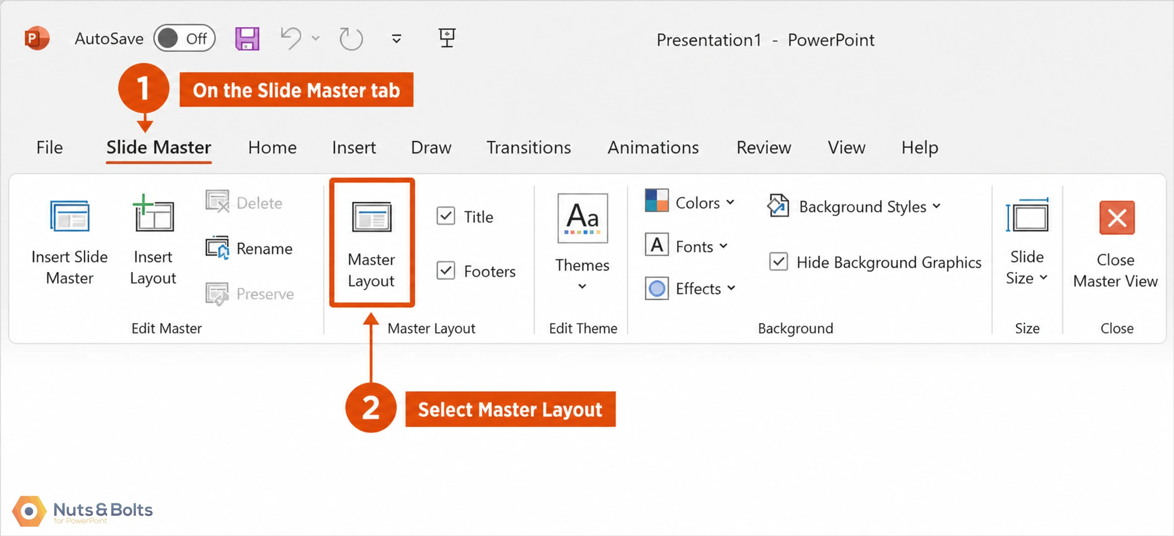PowerPoint Slide Master tab interface showing numbered steps to access and select master layout options, with toolbar buttons and editing tools visible.