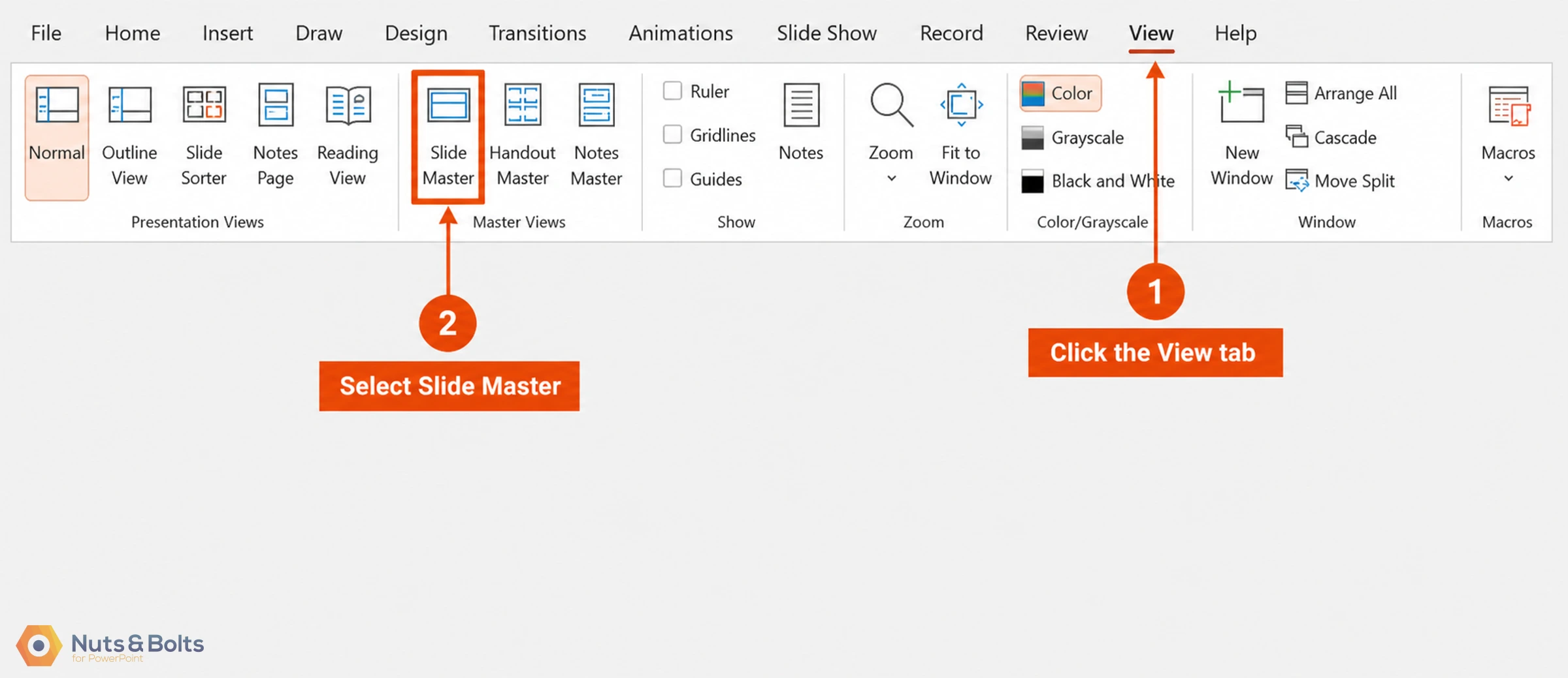 PowerPoint ribbon menu showing Design tab with arrows indicating steps: click View tab (1), then select Slide Master (2) in Master Views section.