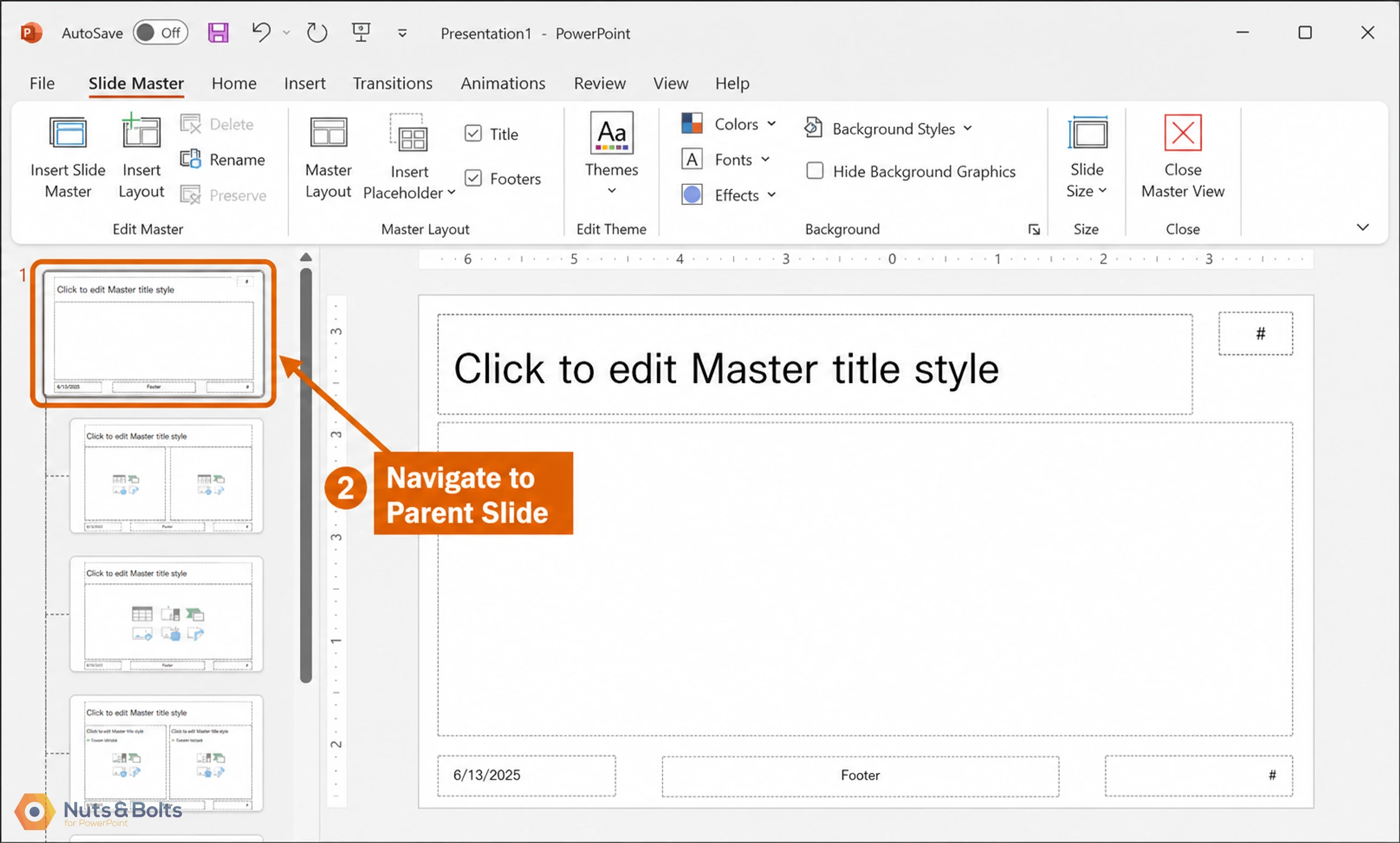 PowerPoint Slide Master view showing template layouts on the left panel and editing interface with "Navigate to Parent Slide" tooltip displayed on the main canvas.